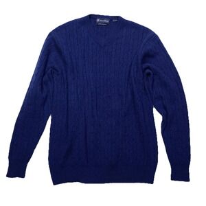 Daniel Bishop Classic Cashmere Mens Navy Blue Cable Knit V Neck Sweater Size XL